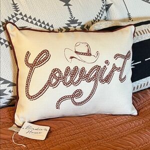 'Cowgirl' Embroidered Accent Pillow in Cream and Rust
